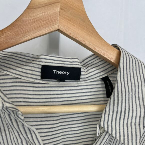 THEORY Striped Button Front Shirt Short Sleeve Hi Low Tunic Gray White EST M L - Picture 3 of 8